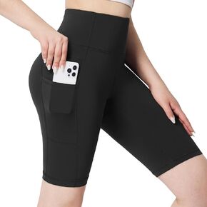 BALEAF Biker Shorts Women Yoga Gym Workout Spandex Running Volleyball Tummy Control Compression Shorts with Pockets Lycra 8" Black L