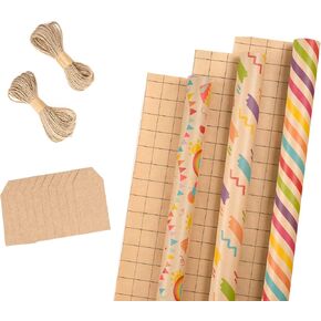 RUSPEPA Wrapping Paper Rolls with Tags, Jute String - Mini Roll - 17 inches x 10 feet per Roll, Total of 3 Rolls, Spring