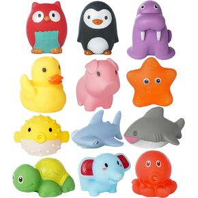 12pcs Zoo & Sea Animal Baby Bathroom Toys, Squeeze or Water Spray Toys . Suitable for Boys Girls Baby Floating Bath Squirt Toy, Bathroom/ Swimming Pool Frog/Duck/Whale Toy