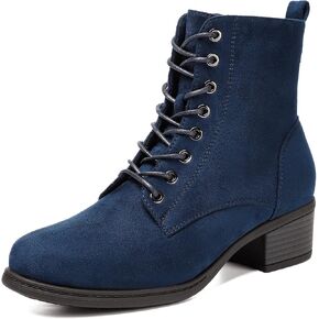 VJH confort Women's Fashion Ankle Boots Low Heels Chunky Lace-up Combat Bootie with Side Zipper (NAVY BLUE, 7)