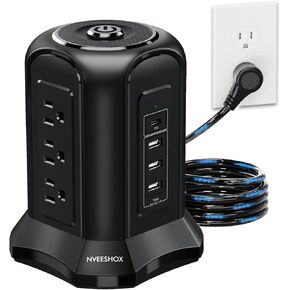 NVEESHOX Power Strip Surge Protector Tower, 10 FT Flat Plug Extension Cord with 9 AC Outlets 4 USB Ports (18W PD Type C), Flat Plug Charging Station with Overload Protection for Home Office