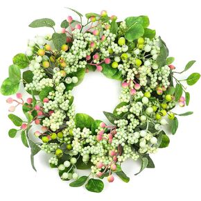 Artificial Lavender Wreath 18 Inch with Berries, Butterflies, and Purple Cattail Grassy Vivid and Lifelike for Year-Round Use Indoors and Outdoors as Wall, Door, Window, Party and Wedding Decorations