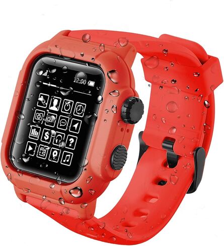 متوافق مع حافظة Apple Watch Band 42mm 44mm Series 5/4/3، حافظة مقاومة للماء IP68 مع سوار سيليكون ناعم وواقي مضاد للخدش، متوافق مع iWatch 42mm 44mm (أحمر، 44 ملم) in Kuwait