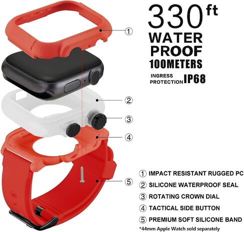 متوافق مع حافظة Apple Watch Band 42mm 44mm Series 5/4/3، حافظة مقاومة للماء IP68 مع سوار سيليكون ناعم وواقي مضاد للخدش، متوافق مع iWatch 42mm 44mm (أحمر، 44 ملم) in Kuwait