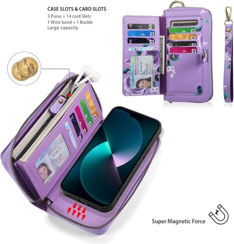 LITOU Compatible with iPhone 16 Pro Max Phone Case Wallet for Women Men,Detachable Magnetic,RFID Blocking Card Holder,Wristlets Zipper Leather Flip Wallet Case for iPhone 16 Pro Max.PF in Saudi Arabia
