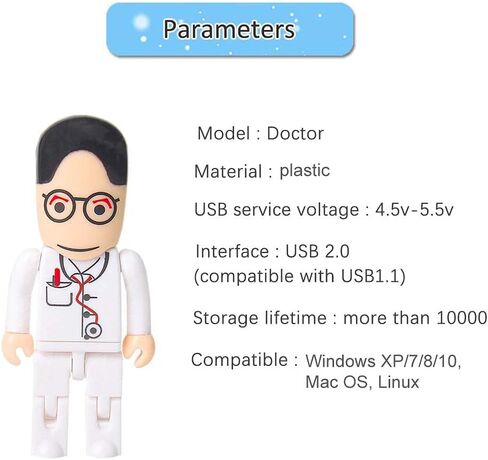 محرك فلاش USB بسعة 64 جيجابايت، طراز كارتون دكتور، محرك أقراص USB، محركات أقراص الإبهام، USB 2.0، عصا ذاكرة لتخزين البيانات الخارجية، أبيض in Kuwait