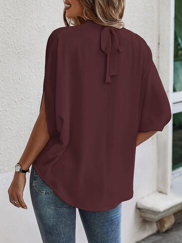Verdusa Women's Casual Tie Back Dolman Sleeve Mock Neck Blouse Top Dark Green L in Saudi Arabia