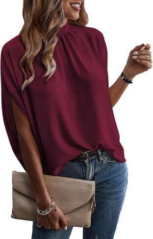 Verdusa Women's Casual Tie Back Dolman Sleeve Mock Neck Blouse Top Dark Green L in Saudi Arabia
