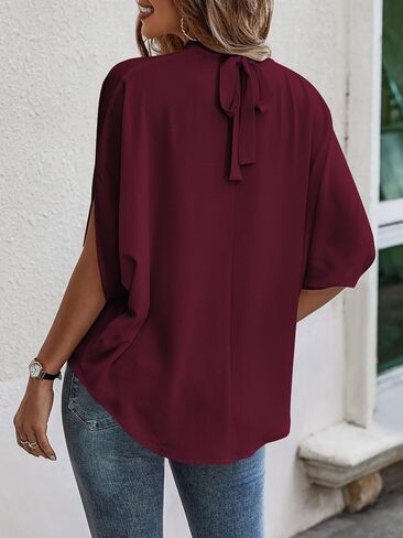 Verdusa Women's Casual Tie Back Dolman Sleeve Mock Neck Blouse Top Dark Green L in Saudi Arabia