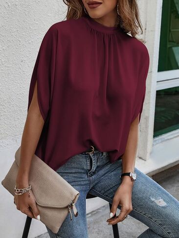 Verdusa Women's Casual Tie Back Dolman Sleeve Mock Neck Blouse Top Dark Green L in Saudi Arabia