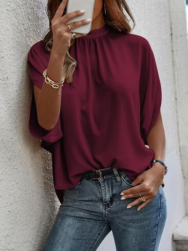 Verdusa Women's Casual Tie Back Dolman Sleeve Mock Neck Blouse Top Dark Green L in Saudi Arabia