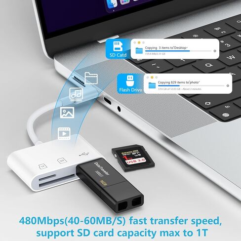 USB C إلى قارئ بطاقة الذاكرة، مع محول USB/SD/Micro SD 3 منافذ، عارض بطاقة SD من النوع C TF سعة 1 تيرابايت لهاتف iPhone 16 15 Pro Max Plus وiPad وMac والكمبيوتر المحمول وSamsung S24 S23 S22 S21 Plus Ultra in Kuwait