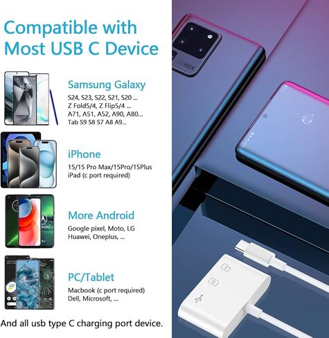 USB C إلى قارئ بطاقة الذاكرة، مع محول USB/SD/Micro SD 3 منافذ، عارض بطاقة SD من النوع C TF سعة 1 تيرابايت لهاتف iPhone 16 15 Pro Max Plus وiPad وMac والكمبيوتر المحمول وSamsung S24 S23 S22 S21 Plus Ultra in Kuwait