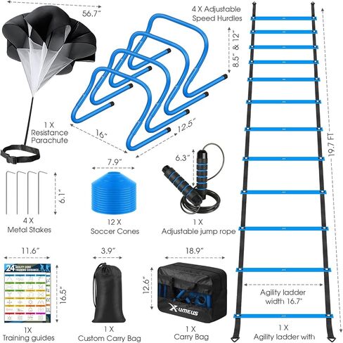 Agility Ladder Speed Training Equipment Set-20ft Agility Ladder,12 Soccer Cones,4 Adjustable Hurdles, Jump Rope, Running Parachute| Basketball Football Soccer Training Equipment for Kids Youth Adults in Saudi Arabia
