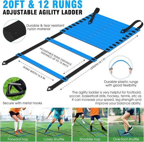 Agility Ladder Speed Training Equipment Set-20ft Agility Ladder,12 Soccer Cones,4 Adjustable Hurdles, Jump Rope, Running Parachute| Basketball Football Soccer Training Equipment for Kids Youth Adults in Saudi Arabia