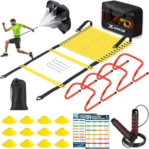 Agility Ladder Speed Training Equipment Set-20ft Agility Ladder,12 Soccer Cones,4 Adjustable Hurdles, Jump Rope, Running Parachute| Basketball Football Soccer Training Equipment for Kids Youth Adults in Saudi Arabia