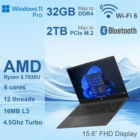 HP Essential 255 G10 15.6" FHD Business Laptop | AMD Ryzen 5 7530U | 32GB RAM | 2TB SSD | Bluetooth | HDMI | Wi-Fi 6 | Webcam | Windows 11 Pro | Black | with 10,000mAh Battery Power Bank in Saudi Arabia