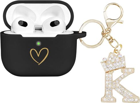Compatible with AirPods 3 Case Cover 2021, Soft Silicone Case with Gold Heart Pattern for AirPods 3rd Generation Case with Rhinestone Studded Letter A-Z Keychain (K Black) in Saudi Arabia