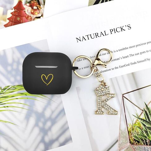 Compatible with AirPods 3 Case Cover 2021, Soft Silicone Case with Gold Heart Pattern for AirPods 3rd Generation Case with Rhinestone Studded Letter A-Z Keychain (K Black) in Saudi Arabia