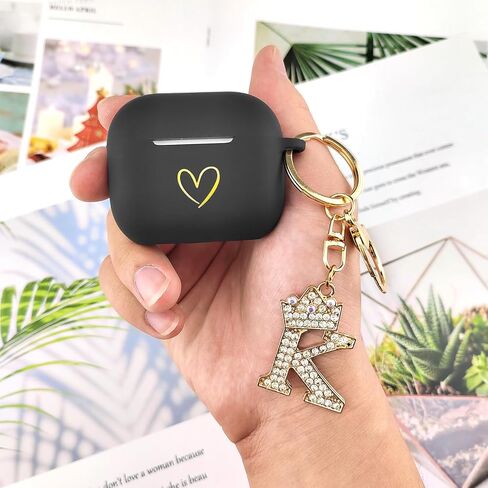 Compatible with AirPods 3 Case Cover 2021, Soft Silicone Case with Gold Heart Pattern for AirPods 3rd Generation Case with Rhinestone Studded Letter A-Z Keychain (K Black) in Saudi Arabia