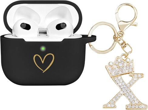 متوافق مع غطاء حافظة AirPods 3 2021، حافظة من السيليكون الناعم بنمط قلب ذهبي لحافظة AirPods الجيل الثالث مع سلسلة مفاتيح مرصعة بحجر الراين A-Z (K أسود) in Kuwait