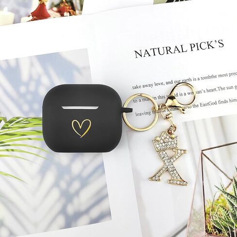 متوافق مع غطاء حافظة AirPods 3 2021، حافظة من السيليكون الناعم بنمط قلب ذهبي لحافظة AirPods الجيل الثالث مع سلسلة مفاتيح مرصعة بحجر الراين A-Z (K أسود) in Kuwait