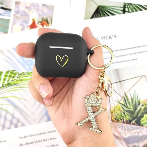 متوافق مع غطاء حافظة AirPods 3 2021، حافظة من السيليكون الناعم بنمط قلب ذهبي لحافظة AirPods الجيل الثالث مع سلسلة مفاتيح مرصعة بحجر الراين A-Z (K أسود) in Kuwait