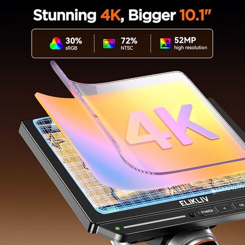 مجهر رقمي Elikliv التركيز التلقائي 4K HDMI، مجهر لحام الذراع المرن EM4K-AF للبالغين، مجهر عملة 10.1 بوصة مع ضوء حلقي، مجاهر LCD 52 ميجابكسل مع شاشة، حصيرة إصلاح الإلكترونيات، 64 جيجا in Kuwait