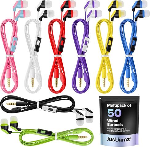 50× Multipack Wired Earbuds with Microphone | for Schools, Libraries, Museums, etc. | 8 Assorted Colors of Headphones with Microphone | Affordable 3.5 mm Headphones for Kids & Adults in Saudi Arabia