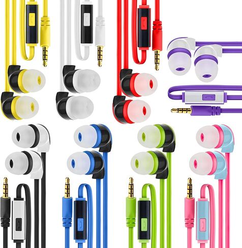 50× Multipack Wired Earbuds with Microphone | for Schools, Libraries, Museums, etc. | 8 Assorted Colors of Headphones with Microphone | Affordable 3.5 mm Headphones for Kids & Adults in Saudi Arabia