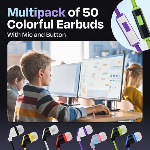 50× Multipack Wired Earbuds with Microphone | for Schools, Libraries, Museums, etc. | 8 Assorted Colors of Headphones with Microphone | Affordable 3.5 mm Headphones for Kids & Adults in Saudi Arabia