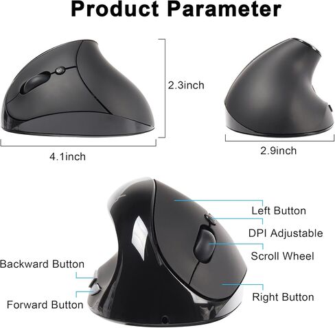 Left Handed Mouse Wireless Vertical Mouse Ergonomic 2.4GHz Optical Computer Mice with USB Receiver and 3 Adjustable DPI Portable Rechargeable Cordless Mouse for Laptop PC Desktop Notebook, Black in Saudi Arabia