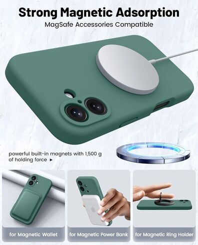 OTOFLY متوافق مع حافظة iPhone 16 Plus مع 2 واقي شاشة، متوافق مع MagSafe، حافظة سيليكون مغناطيسية لهاتف 16 Plus، أخضر صنوبر in Saudi Arabia