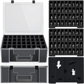 Menkxi 2 Pcs Miniature Storage Figure Case 144 Slot Sturdy Figurine Minature Carrying Case with 3 Foam Layer Hard Miniature Holder Compatible with Miniature Wargame, Black, Clear