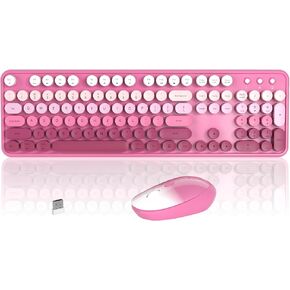 Colorful Wireless Keyboard and Mouse Combo, 2.4GHz Wireless Retro Cute Round Keycaps Keyboard, 104 Keys Full-Sized Keyboard Mouse Set with Switch Button for PC Laptop Desktop (Pink Gradient)