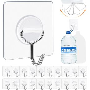 YSJNUS Adhesive Hooks Wall Hooks for Hanging Heavy Duty 22lb(Max), Waterproof and Rustproof Transparent Self Adhesive Hooks for Bathroom Kitchen Outdoor and Home Improvement -24 Pack
