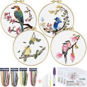 ERKOON 4 Sets Embroidery Kit for Beginners, Art Craft Handy Sewing Set Hummingbird and Flower Cross Stitch Starter Kits, DIY Embroidery Kits with Patterns and Instructions Hoops Needles Threads