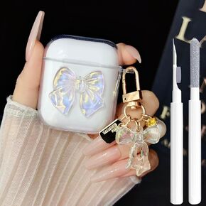 Cute AirPods 2/1 Generation Case Clear, Girly 3D Bow Design Soft TPU Protective Cover Apple iPod 2nd/1st Generation Case with Cleaner Kit & Keychain Girls Women Bow