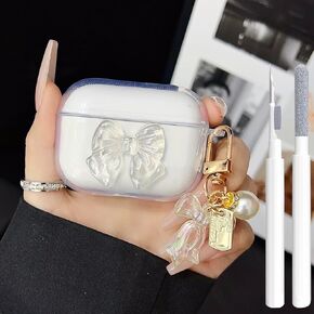 Cute AirPods 2/1 Generation Case Clear, Girly 3D Bow Design Soft TPU Protective Cover Apple iPod 2nd/1st Generation Case with Cleaner Kit & Keychain Girls Women Bow