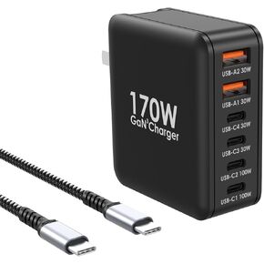 170W USB C Charger, 6 Ports PD 100W QC30W Fast Charging GaN Foldable Compact Wall Charger Block for MacBook Pro/Air, Samsung Galaxy S23 iPad Pro iPhone 15 14 Pro Max and More