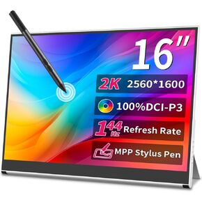 16 Inch 2K Portable Monitor Touchscreen,144hz Gaming Monitor- MPP Stylus Pen Support - HDR,1MS, 100% P3,IPS，VESA，Anti-Glare Eye Care Mobile Display for Laptop Mini PC Mac PS5/4 Xbox NUC