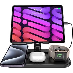 Charging Station iPad Wired Charger, Apple Charging Station 4 in 1 for Apple Multiple Devices, Foldable Wireless Charger for iPhone 15 14 Pro Max, iWatch, AirPods,Travel Essential