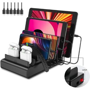 USB Charging Station for Multiple Devices,7 USB Fast Ports Charger Docking Station with Power Switch,Charger Organizer Compatible with iPad, iPhone, Tablet and Cell Phone (6 Cables Included)