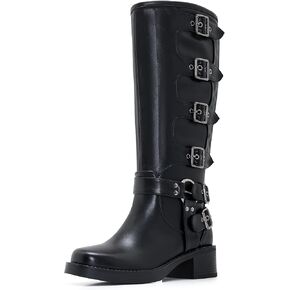 Moto Boots Women Wide Calf Buckle Biker Chunky Knee High Zipper Square Toe Motorcycle Boot