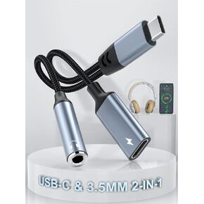 USB C to 3.5 mm Headphone Jack Adapter for iphone 15, 2-in-1 USB C to Aux Audio Jack Dongle Cable with PD 60W Fast Charging, Headphone Adapter to USB C Support Music Control for Samsung Galaxy S23/S22