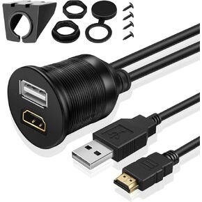 TNP USB HDMI Flush Mount Cable - Dashboard Panel Dash Mount USB + HDMI Port Socket Jack Plug Water Resistant Connector Extension Wire Cord for Car Truck Trailer Boat Motorcycle & More (1M / 3FT)