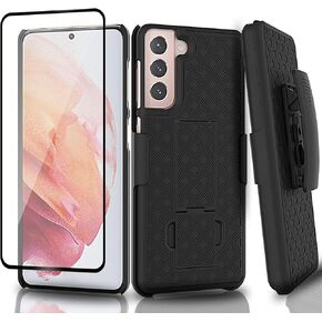 Ailiber Samsung Galaxy S21 5G Case Holster, Galaxy S21 Screen Protector, Swivel Belt Clip Kickstand Holder, Slim Durable Armor Shell Full Body Protective Pouch Cover for Samsung S21 5G 6.2inch -Black