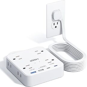 Flat Plug Power Strip(1700J), 48W USB C Power Strip, 12-in-1 Ultra Thin Power Strip with 8 AC, 2 USB A/2 USB C,5ft Extension Cord, Desk Charging Station,Home Office College Dorm Room Essentials