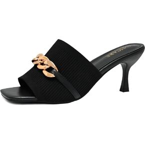 Kitten Heels for Women Square Open Toe Heeled Mules Elastic Knit Low Heels Dressy Sandals Chain Comfortable Slip on Casual Mule Sandals Black Nude Pink Kitten Heels