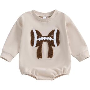 Karuedoo Newborn Baby Boy Girl Football Outfit Football Bow Sweashirt Romper Oversized Long Sleeve Bubble Romper Bodysuit